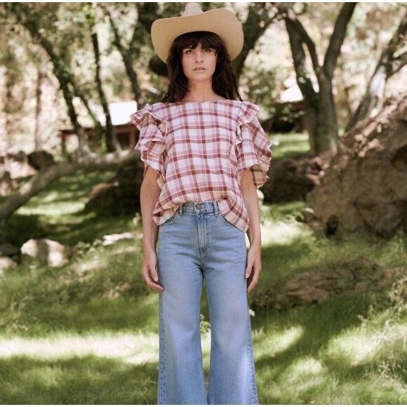 THE GREAT. Tops - THE GREAT. Whisper Check Cotton Linen brick plaid ruffle sleeve top sz 1